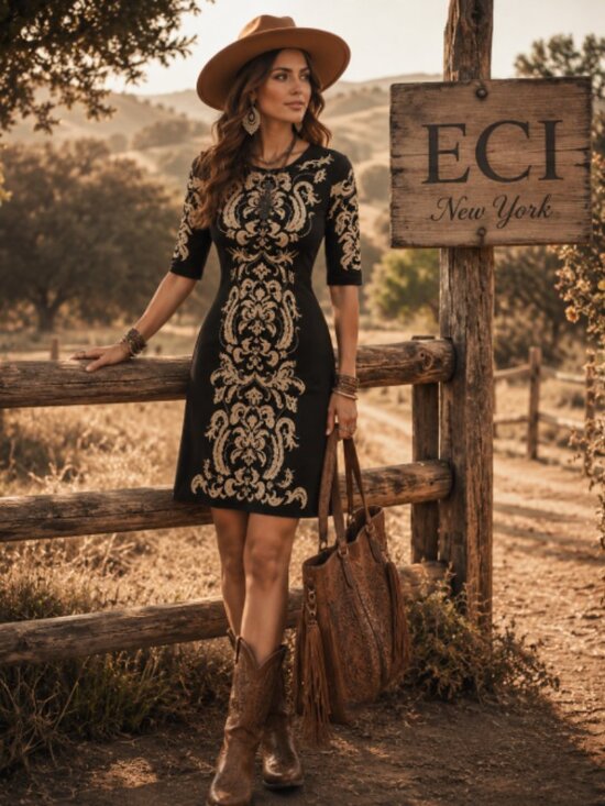 ECI Dresses & Skirts - Golden COTTON RAYON dress by ECI damask knitted A-line sweater dress #8088